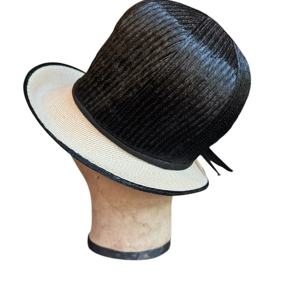 1960s Mr. John Black Straw‎ Bucket Hat w/Cream Brim - Picture 3 of 7